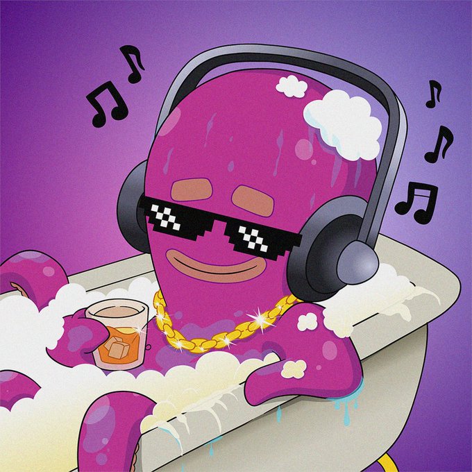 A digital cartoon illustration of a pink octopus wearing pixelated 'thug life' sunglasses, a gold chain, and headphones, relaxing in a bubble bath with a whiskey glass and music notes floating around.