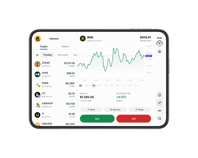 A smartphone mockup displays a crypto trading app for “BNB / BNB Smart Chain,” showing a green price chart and a visible price of “$618.91” with “+$7.42 (1.21%).” Trading controls include “Send,” “Receive,” “Swap,” “Buy,” and “Sell,” and the side list includes ZCASH, HYPE, PONS, LIT, CASHCAT, U, and USELESS.