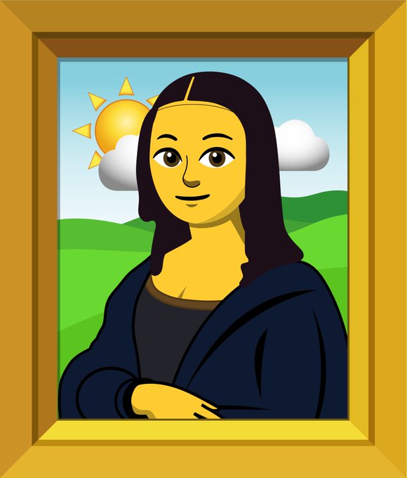 A cartoon Bitmoji-style avatar of a smiling woman with long dark hair, depicted in a golden frame styled like the Mona Lisa painting.