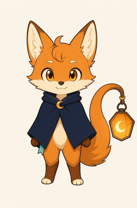 An anime-style illustration depicts an orange fox character wearing a navy blue hooded cape and holding a lantern with a crescent moon symbol.