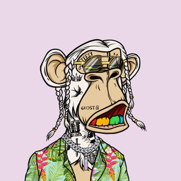 A stylized cartoon illustration of a Bored Ape-style NFT monkey wearing sunglasses, braided hair, a pineapple-patterned Hawaiian shirt, and 'GHOST' face tattoos.