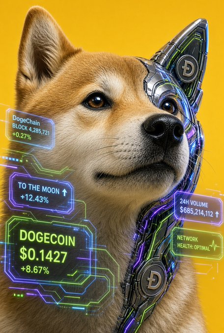 A Shiba Inu dog with cybernetic/futuristic eye enhancements, displayed with DOGECOIN trading information including '+8.67%' at $0.1427, 'TO THE MOON +12.43%', DogeChain at +0.27%, and 24H volume of $685,214,112.