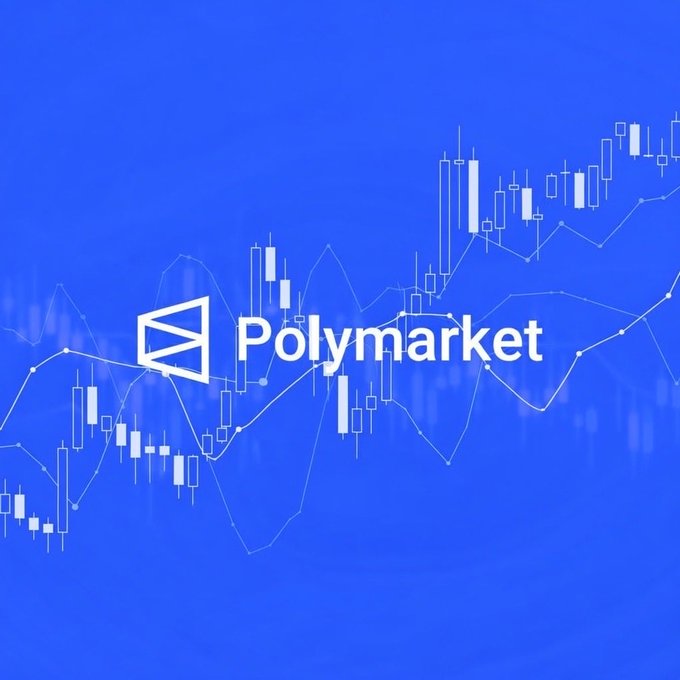 Polymarket branding graphic featuring the company logo against a blue background overlaid with white candlestick chart and trend lines.