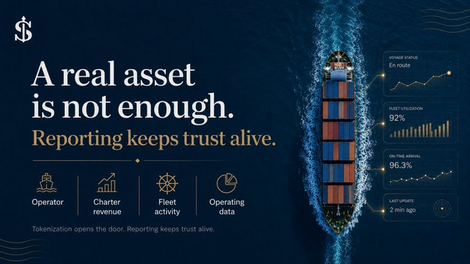 A corporate infographic featuring a container ship aerial view with the headline "A real asset is not enough. Reporting keeps trust alive," and metrics including Operator, Charter revenue, Fleet activity, Operating data, Voyage status, Fleet utilization 92%, and On-time arrival 96.3%.