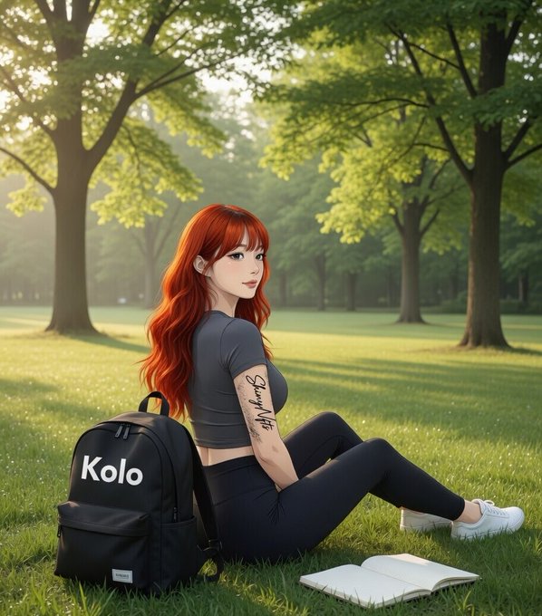 The image features a woman sitting on grass with her back facing the camera, wearing a backpack and holding an open book. The background includes trees and a park setting, suggesting she might be enjoying some leisure time outdoors. There are also words visible in the image that seem to be related to Kolo or the post itself.