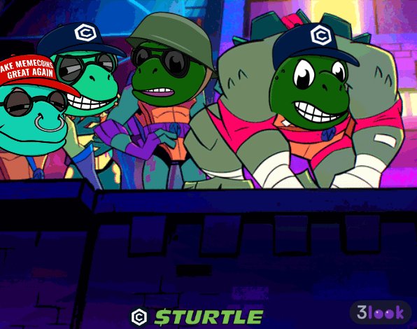 The image features a cartoon drawing of four green turtles wearing sunglasses, hats, and bandanas with the text "Gm #crofam Happy Sunday $TURTLE funday! Hand drawn art, minting at 270 #cro, forever backed by our #memecoin, and swap unwanted mints in the vault!". The image also includes a caption that reads "Focus on what is in the image and how it relates to the post #cryptocom #fftb #bornbrave".