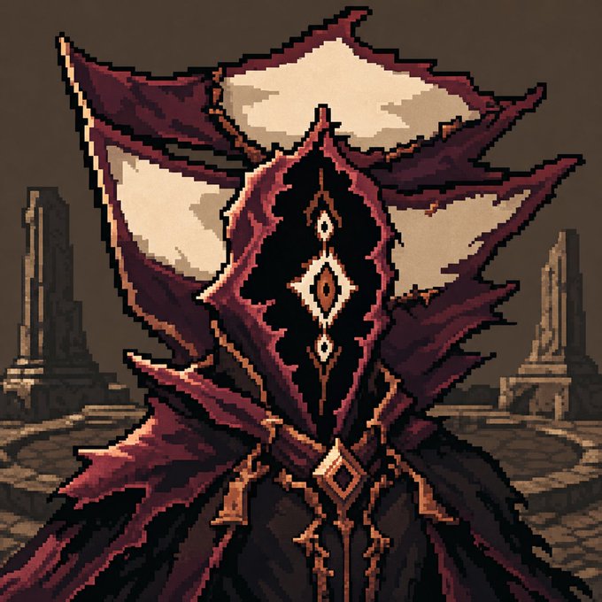 A pixel art illustration depicts a dark, hooded figure with pointed, wing-like shoulders and glowing orange eye details, set against a dim background with stone pillars.
