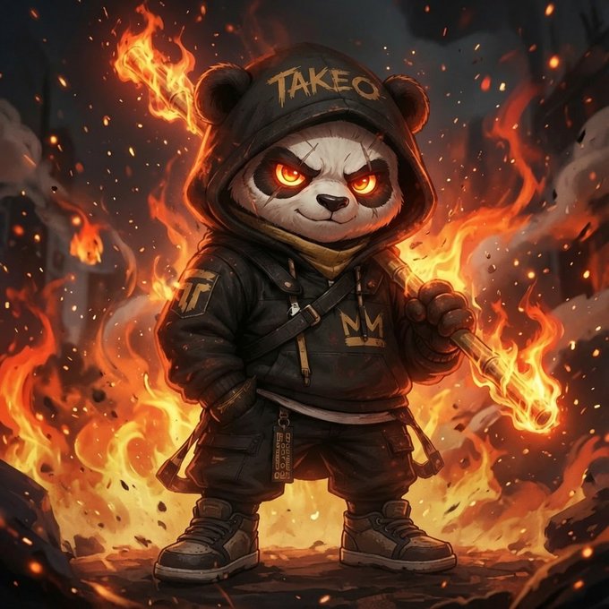 A digital illustration of a fierce, anthropomorphic panda character named 'TAKEO' wearing a black hooded jacket and holding a flaming bat, standing amidst fire and debris.