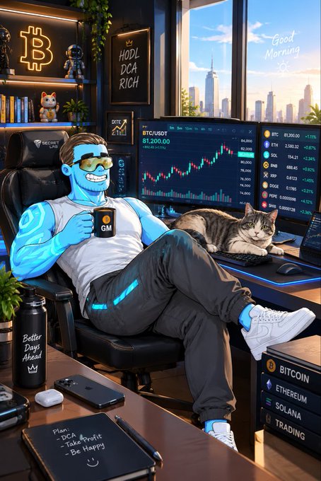 A digital illustration of a blue-skinned character relaxing in a gaming chair with a 'GM' mug, surrounded by Bitcoin-themed decor including a 'Bitcoin' neon sign, a chalkboard reading 'HODL DCA RICH', and crypto tickers (BTC, ETH, SOL, XRP, DOGE, PEPE) on monitors.