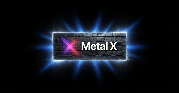 A glowing 'Metal X' logo displayed on a stone brick background with blue light rays radiating outward.