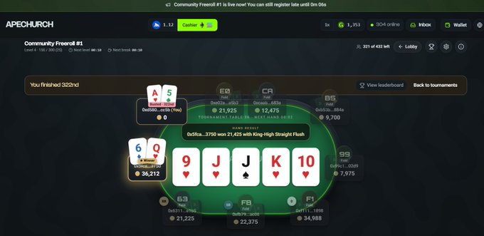 Screenshot of an APECHURCH poker tournament page showing a winning hand of King-High Straight Flush with the board showing 9, J, J, K, 10, finishing in 382nd place.