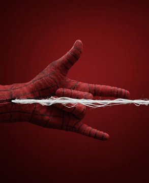 A red-painted hand reminiscent of Spider-Man extends across the frame, with a web-like white strand trailing through the fingers against a dark red backdrop, visually tying into the post's playful theme of even Spider-Man "securing the $DOGE bag" with diamond-strong webs.