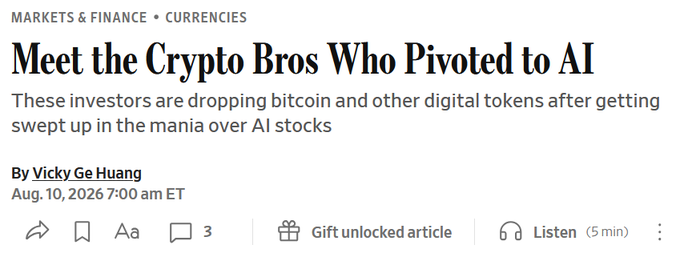 News article headline: 'Meet the Crypto Bros Who Pivoted to AI' by Vicky Ge Huang, dated Aug. 10, 2026, about investors dropping bitcoin for AI stocks.