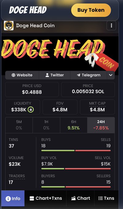 A memecoin page for 'Doge Head Coin' with a price of $0.4888, market cap of $4.8M, and a 24H change of -7.85%.