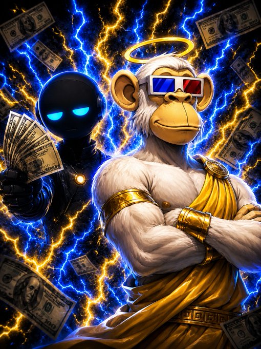 The image features a monkey wearing a golden robe, holding money, with a superhero figure standing behind him. The background of the image has blue lightning bolts and dollar signs scattered around them. The caption reads "QUICK $100 GIVEAWAY! - Follow @OverworkedOAI - Like + RT - Drop SOL Addy!".