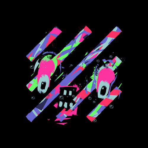 The image features a black background with two neon-colored stripes, each containing a white circle with small dots in pink and blue shades. These elements make up an eye decoration that appears to be an artistic or playful design. Below this eye decoration is a caption reading "Decal by XCOPY #97 sold for 1.7Ξ opensea.io/assets/ethereu". This suggests the image could be related to a post about some artwork, perhaps even possibly being one of the many designs on sale at XCOPY's website.