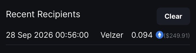 A mobile app screen showing 'Recent Recipients' with a transaction dated 28 Sep 2026 to Velzer for 0.094 ETH (≈$249.91) and a Clear button.