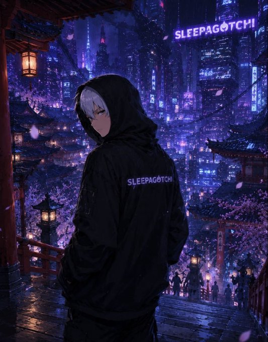 An anime-style digital artwork of a silver-haired figure in a black hoodie branded 'SLEEPAGOTCHI', standing before a neon-lit cyberpunk cityscape blending Japanese architecture with cherry blossoms.