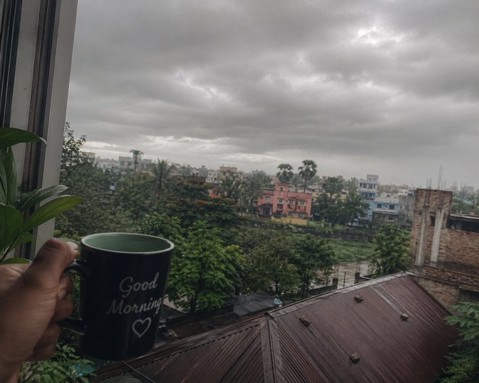 A hand holding a dark 'Good Morning' mug while overlooking a cloudy sky and a view of buildings, trees, and rooftops, with a plant visible on the windowsill.