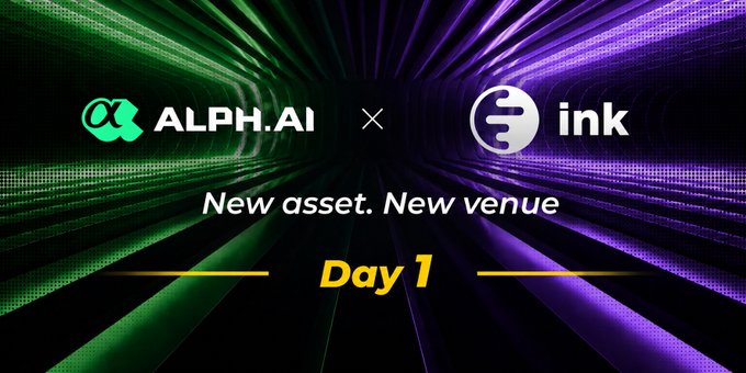 Promotional banner featuring Alph.AI and Ink logos with text 'New asset. New venue' and 'Day 1' against a green and purple digital background.