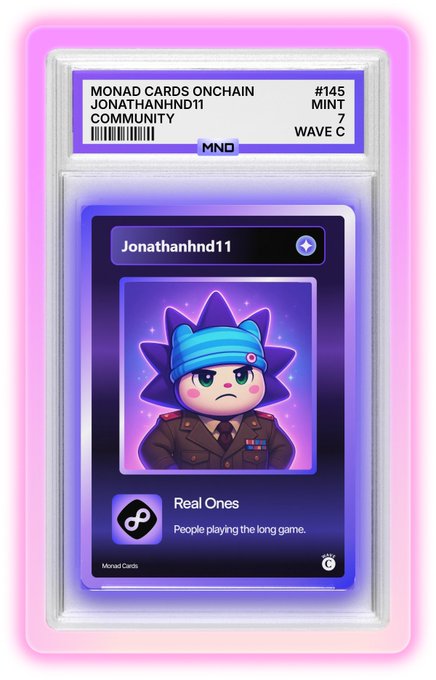 A digital collectible card titled "MONAD CARDS ONCHAIN" displays a cartoon character in military attire, minted as #145/7 in Wave C for user "Jonathanhnd11" with the "Real Ones" trait ("People playing the long game"). The neon purple-cased card visually celebrates the user's recent mint of their Monad cards onchain.