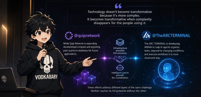 A chibi-style anime character wearing a "VODKABABY" skull hoodie speaks into a microphone beside a cosmic infographic comparing @quipnetwork (decentralized compute infrastructure) and @TheARCTERMINAL (AI agent workflow coordination), with a quote at the top stating that technology becomes transformative when complexity disappears for users.