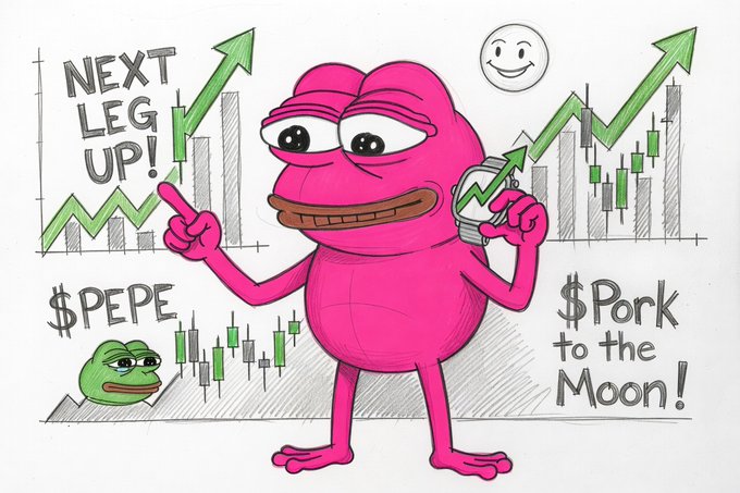 A hand-drawn meme illustration of a pink Pepe the Frog character holding a smartwatch displaying an upward stock chart, surrounded by green upward arrows, candlestick charts, a small green Pepe, and text reading 'NEXT LEG UP!', '$PEPE', and '$Pork to the Moon!'