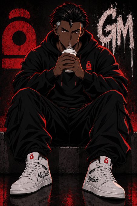 Anime-style illustration of a serious man in a black hoodie and baggy pants sitting on the ground drinking from a cup, with graffiti-style red '101' and white 'GM' in the background.