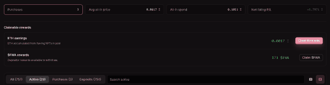 A dark-themed cryptocurrency interface showing chain rewards for ETH savings and SPARK rewards, with tabs for All (757), Active (529), Purchases, Deposits, and Search active.