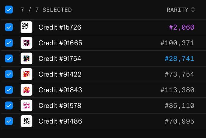 A dark interface displaying 7 selected 'Credit' pixel-art items ranked by rarity, with credit numbers ranging from #2,060 to #113,380.