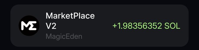 A digital notification card shows a profit of +1.98356352 SOL on "MarketPlace V2" by "MagicEden" (featuring an "MZ" logo), representing the user's NFT flip from web3 marketplace activity.