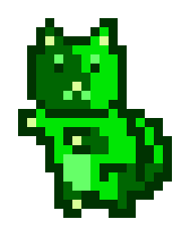 A pixel art illustration of a green, blob-like creature or plant monster with dark green spots and lighter green highlights.