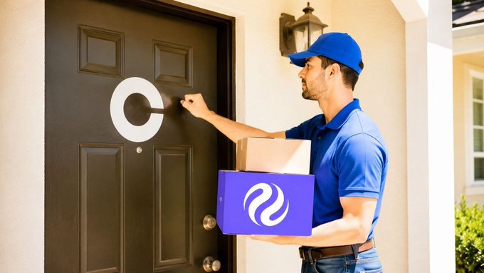 A delivery person in a blue uniform knocks on a dark door while holding a purple package with a white swirl logo.