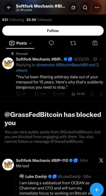 A Twitter/X profile page for 'Softfork Mechanic #BIP...' (22.3K posts, 26.9K followers) showing a pinned post replying to @@namcios @@BitcoinBeachBR about filtering arbitrary data, and a notification that '@@GrassFedBitcoin has blocked you'.
