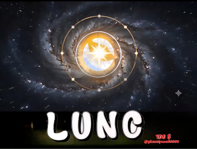 A stylized graphic featuring a glowing sun-like emblem with the 'LUNC' (Terra Luna Classic) logo, with text reading '100$' and '@gimsuliyasonkoeeu' at the bottom.