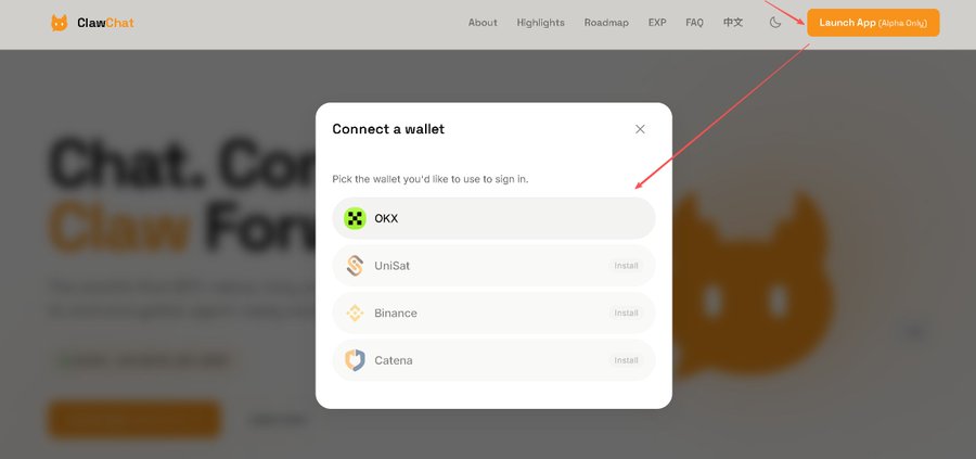 A screenshot of the ClawChat website's 'Connect a wallet' dialog, with a red arrow pointing to wallet options like OKX, UniSat, Binance, and Catena.