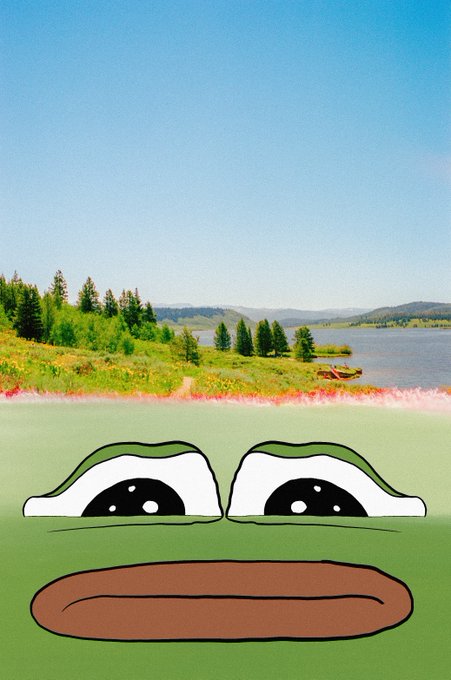 A humorous edited image showing the Pepe the Frog meme face superimposed over a serene landscape photo of a lake surrounded by green hills and trees under a blue sky.