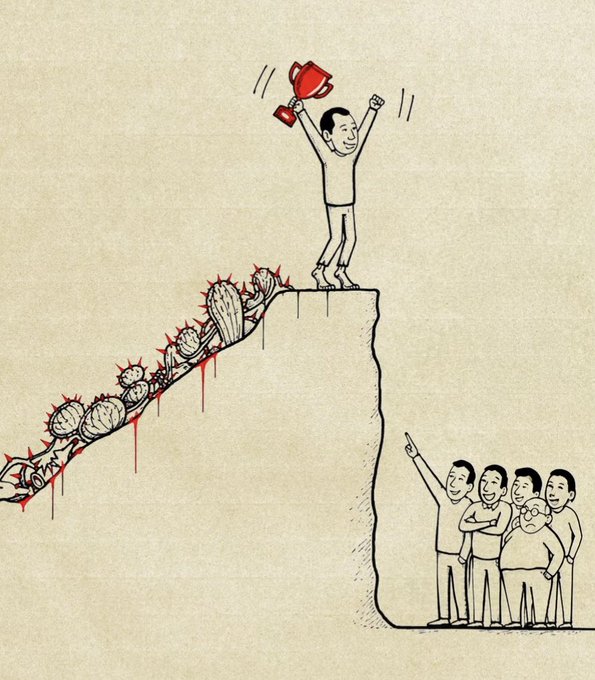A political cartoon showing a man standing on a cliff edge celebrating with a trophy, while a bloody trail of fallen cactus-like figures leads up the slope, and a group of onlookers watches from below.
