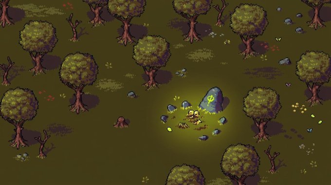 A pixel-art forest scene at night featuring a small character at a glowing campfire surrounded by trees and rocks, with a yellow symbol floating nearby.