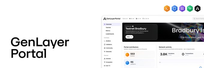 A webpage banner reads 'GenLayer Portal' on the left side, with a dashboard preview showing 'Testnet Bradbury' launch information, 553 contributors, 45 validators, and 3.8K decisions.