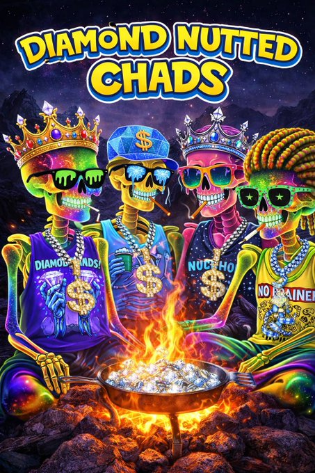 The image features a poster for "Diamond Nutted Chads" with four cartoon skulls sitting around a fire pit, which has a pot of gold coins at its center. The poster includes text that reads "Diamond Nutted Chads", "Every day is something more bullish from the chads at $DNC Get yourself at least one Kryptos #NFT and start gaining XP towards some pretty cool #Pokémon, collectible, $SOL rewards + more All it takes is investing smart and being active... chad life". The poster also includes a link to the website "www.dncchads.com" for further information or purchases.