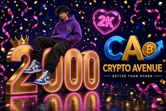 A promotional graphic featuring a young man in a purple hoodie and sneakers sitting on large golden '2000' numerals, with neon text reading '2K', 'CA', and 'CRYPTO AVENUE - BETTER THAN OTHER' surrounded by confetti.