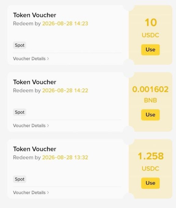A screenshot displaying three Binance Token Vouchers—a 10 USDC voucher (redeem by 2026-08-28 14:23), a 0.001602 BNB voucher (redeem by 2026-08-28 14:22), and a 1.258 USDC voucher (redeem by 2026-08-28 13:32)—all marked for Spot use, visually confirming the over $12 in rewards the user unexpectedly earned from the Binance Spot Trading Competition.