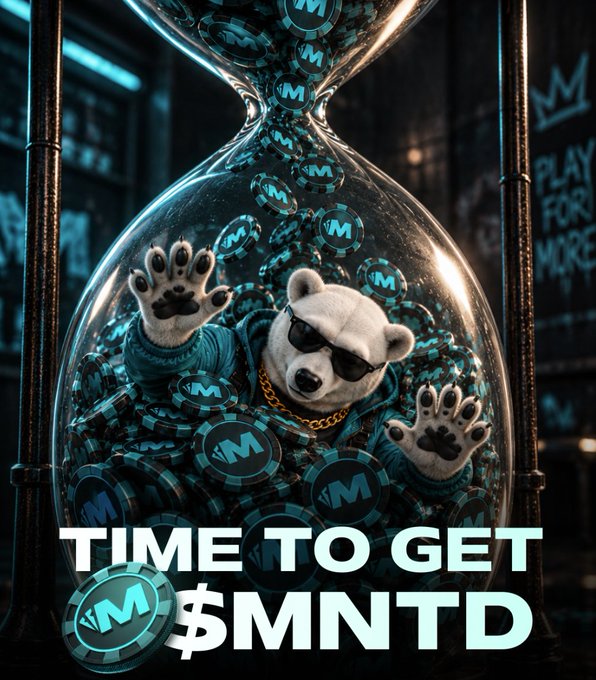 A promotional graphic showing a bear wearing sunglasses and a gold chain trapped inside a glass hourglass filled with 'M' branded tokens, with text reading 'TIME TO GET $MNTD'.