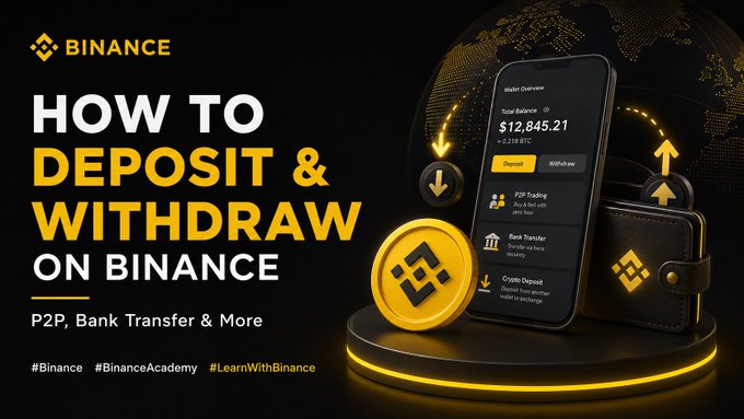 A Binance Academy banner titled "HOW TO DEPOSIT & WITHDRAW ON BINANCE" (with subtitle "P2P, Bank Transfer & More") shows a smartphone displaying a $12,845.21 total balance with deposit and withdraw options, alongside a BNB coin and wallet—illustrating the post's guide on the different funding methods available after opening a Binance account.