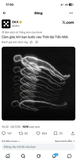 A Vietnamese Twitter/X screenshot from OKX (@okx) shows an X-ray style image of stacked transparent human figures, with text 'Cảm giác khi bạn bước vào Thời đại Tiền Mới' (Translation: Feeling when you enter the New Money Era).