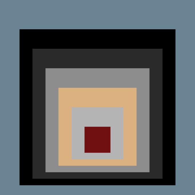 A geometric design consisting of concentric squares in black, dark gray, gray, beige/tan, and a small red center square against a blue-gray background.