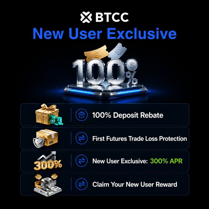 The image is an advertisement featuring various icons that represent different aspects of a new exclusive user experience at Btccc. The primary icon displayed is a 100% deposit rebate offer, along with other icons that indicate future trade loss protection, claiming your new user reward and first future trade loss protection. These features are related to the use of bitcoin as the trading currency. The image appears to be on display in an online gaming environment like a video game, where the characters could be players or characters from the game participating in a virtual financial market activity.