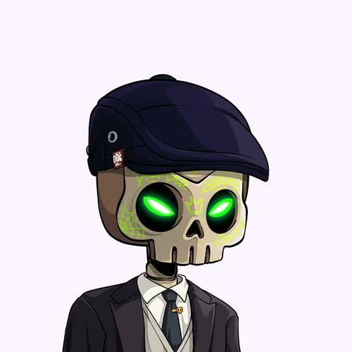 A cartoon illustration of a skeleton character wearing a flat cap, suit, and tie, with glowing green eyes, set against a light purple background.