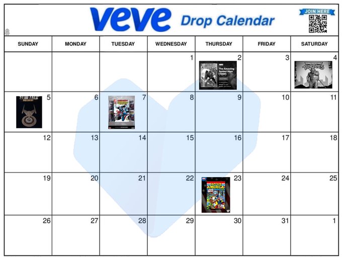 A VeVe Drop Calendar showing scheduled digital collectible releases on a monthly grid with images on specific dates including June 1, 4, 5, 7, and 23.